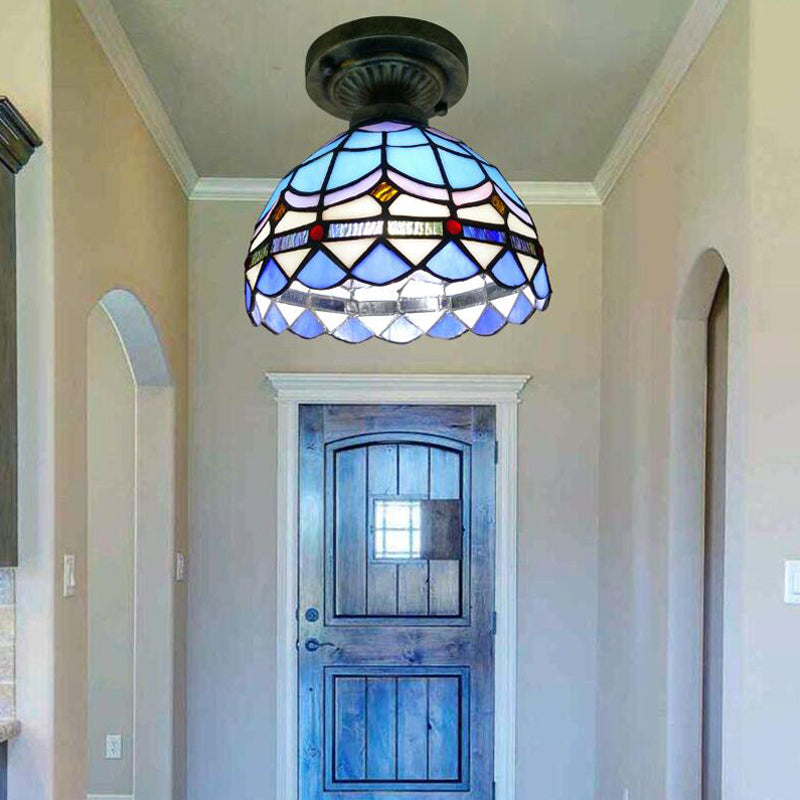 Tiffany Style Stained Glass Semi Flush Ceiling Light Fixture with Bowl Shade