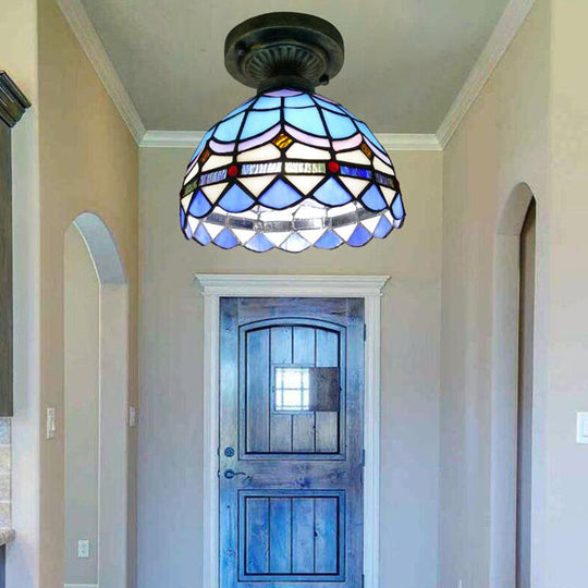 Tiffany Style Stained Glass Semi Flush Ceiling Light Fixture With Bowl Shade Blue / 8