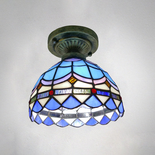 Tiffany Style Stained Glass Semi Flush Ceiling Light Fixture with Bowl Shade