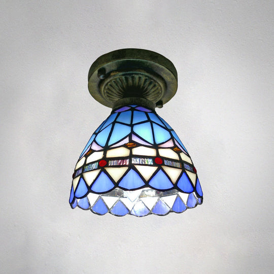 Tiffany Style Stained Glass Semi Flush Ceiling Light Fixture with Bowl Shade