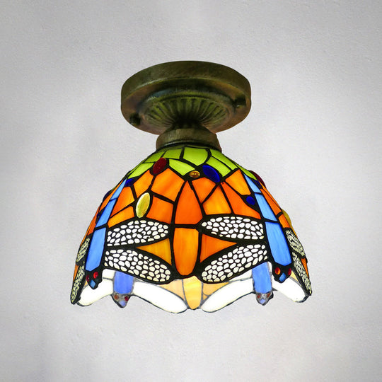 Tiffany Style Stained Glass Semi Flush Ceiling Light Fixture with Bowl Shade