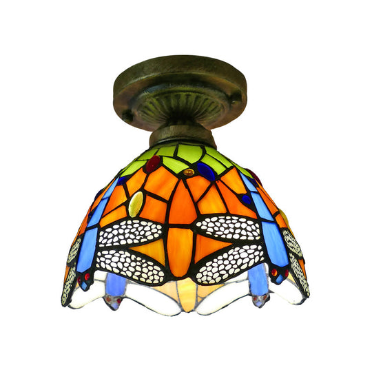 Tiffany Style Stained Glass Semi Flush Ceiling Light Fixture with Bowl Shade