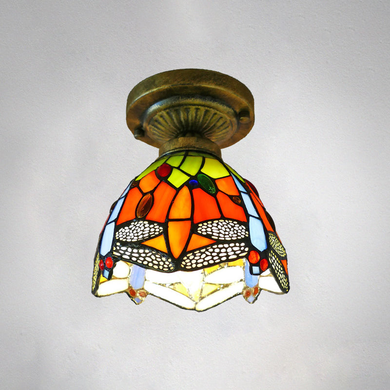 Tiffany Style Stained Glass Semi Flush Ceiling Light Fixture with Bowl Shade