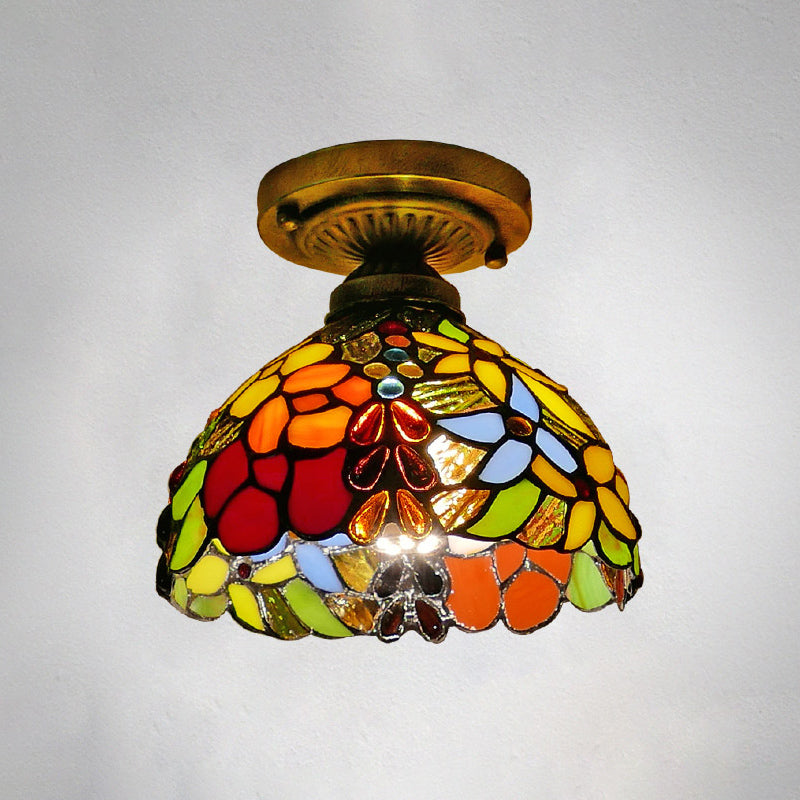 Tiffany Style Stained Glass Semi Flush Ceiling Light Fixture with Bowl Shade