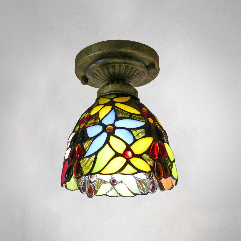 Tiffany Style Stained Glass Semi Flush Ceiling Light Fixture with Bowl Shade