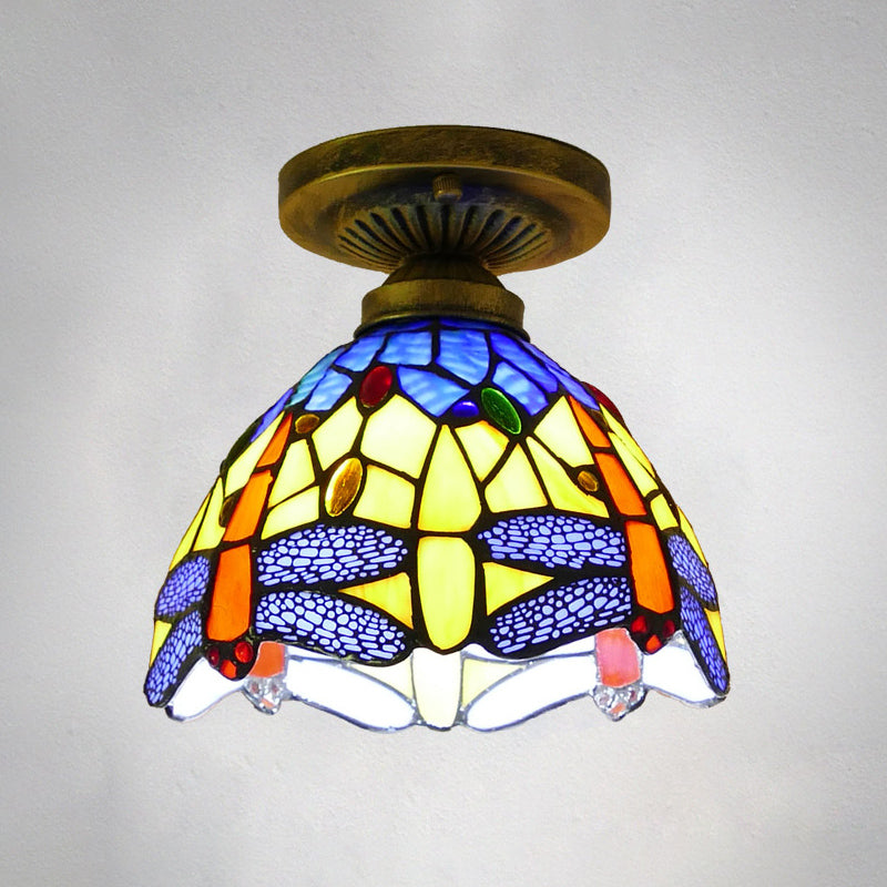 Tiffany Style Stained Glass Semi Flush Ceiling Light Fixture with Bowl Shade