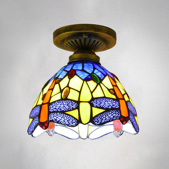 Tiffany Style Stained Glass Semi Flush Ceiling Light Fixture With Bowl Shade Royal Blue / 8