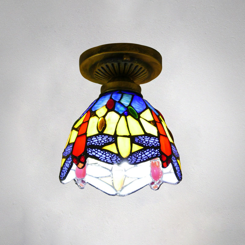 Tiffany Style Stained Glass Semi Flush Ceiling Light Fixture with Bowl Shade