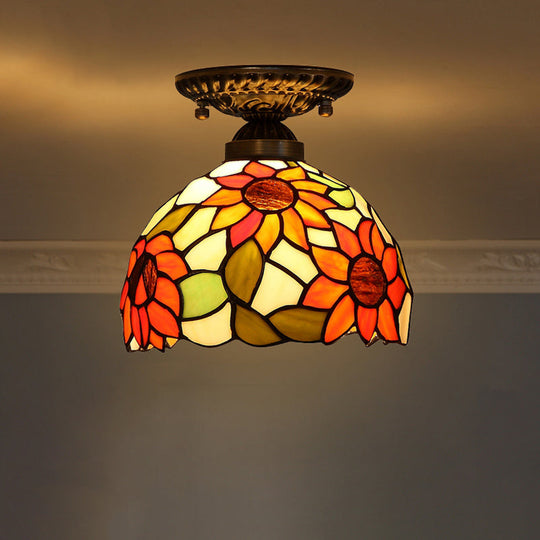 Stained Glass Dome Shade Semi Flush Mount Ceiling Light - Decorative 1-Light