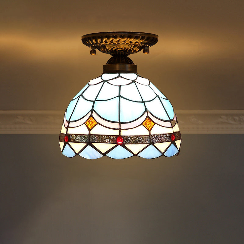 Stained Glass Dome Shade Semi Flush Mount Ceiling Light - Decorative 1-Light