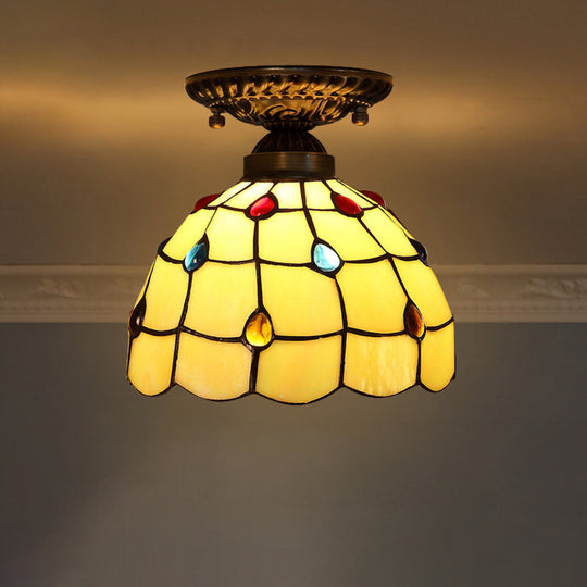 Stained Glass Dome Shade Semi Flush Mount Ceiling Light - Decorative 1-Light