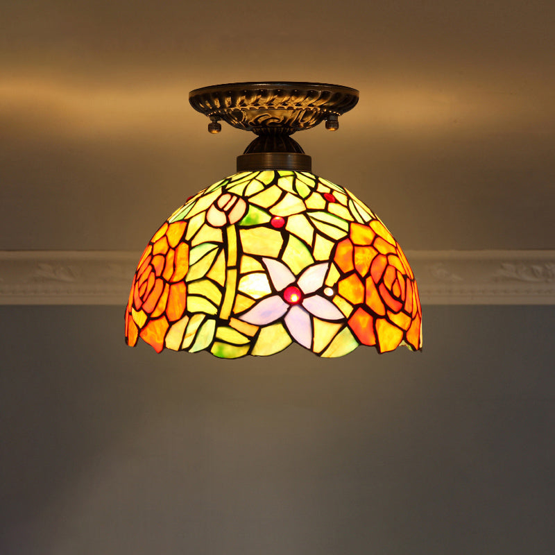 Stained Glass Dome Shade Semi Flush Mount Ceiling Light - Decorative 1-Light Yellow