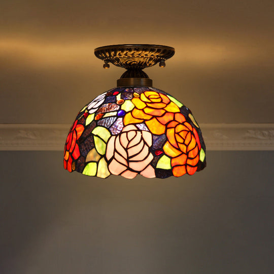 Stained Glass Dome Shade Semi Flush Mount Ceiling Light - Decorative 1-Light