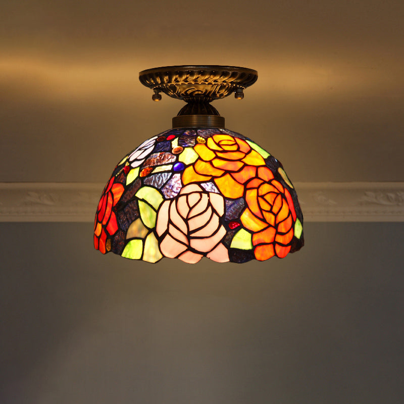 Stained Glass Dome Shade Semi Flush Mount Ceiling Light - Decorative 1-Light Orange Red