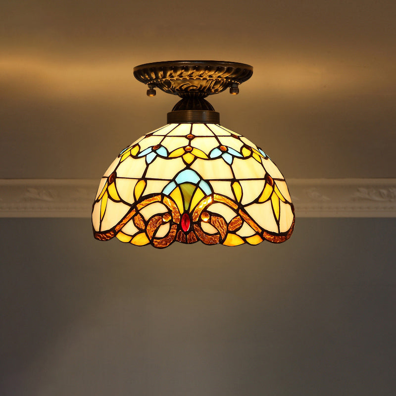 Stained Glass Dome Shade Semi Flush Mount Ceiling Light - Decorative 1-Light