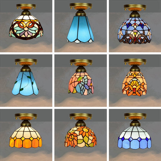 Tiffany Stained Art Glass Semi Flush Mount Ceiling Light - Single-Bulb Shaded Fixture