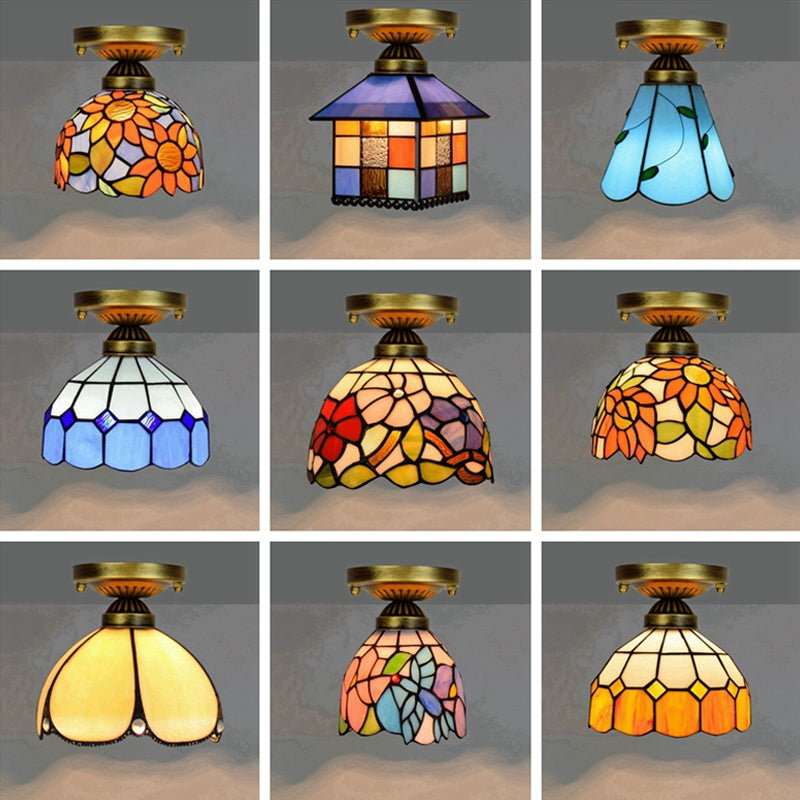 Tiffany Stained Art Glass Semi Flush Mount Ceiling Light - Single-Bulb Shaded Fixture