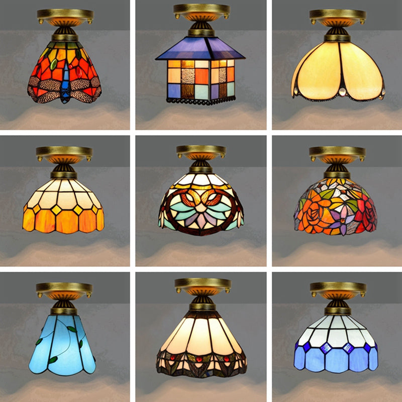 Tiffany Stained Art Glass Semi Flush Mount Ceiling Light - Single-Bulb Shaded Fixture