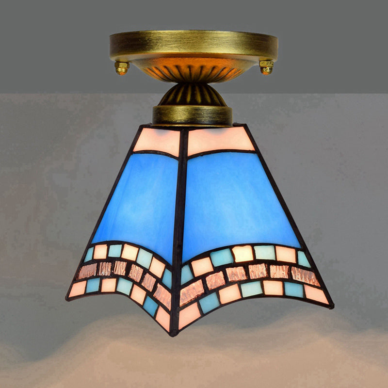 Tiffany Stained Art Glass Semi Flush Mount Ceiling Light - Single-Bulb Shaded Fixture