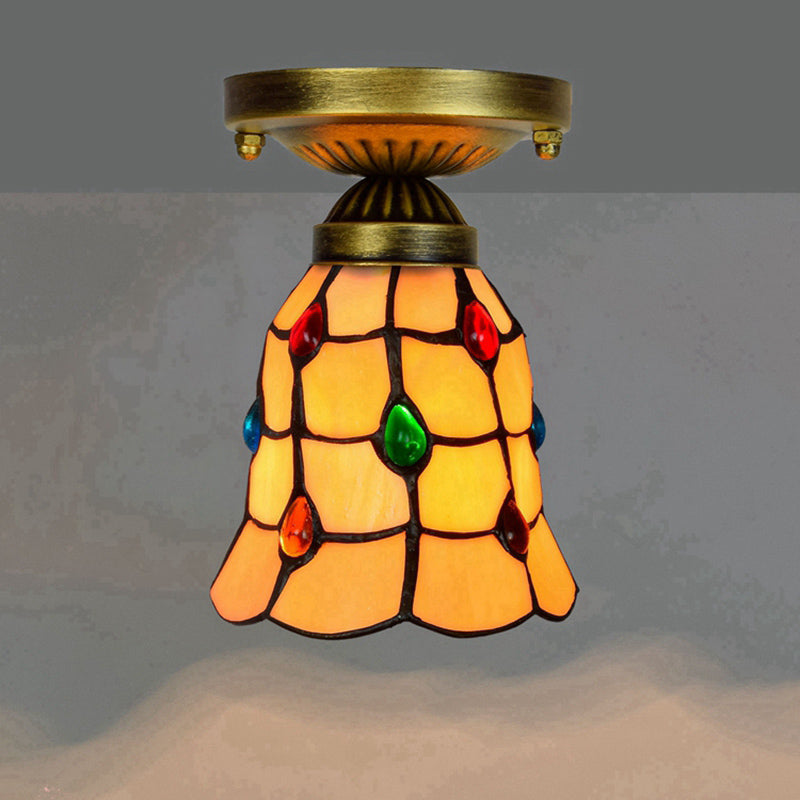 Tiffany Stained Art Glass Semi Flush Mount Ceiling Light - Single-Bulb Shaded Fixture