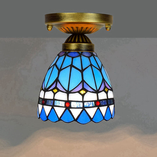 Tiffany Stained Art Glass Semi Flush Mount Ceiling Light - Single-Bulb Shaded Fixture