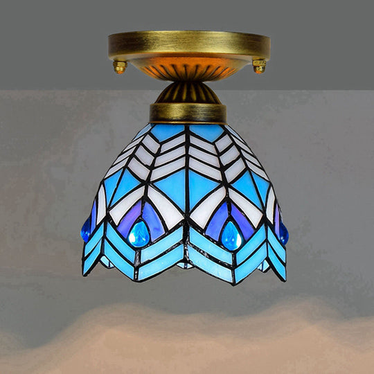 Tiffany Stained Art Glass Semi Flush Mount Ceiling Light - Single-Bulb Shaded Fixture Blue