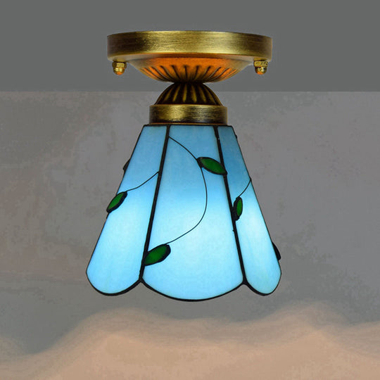 Tiffany Stained Art Glass Semi Flush Mount Ceiling Light - Single-Bulb Shaded Fixture