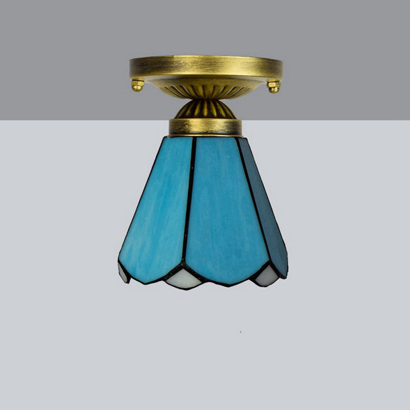 Tiffany Stained Art Glass Semi Flush Mount Ceiling Light - Single-Bulb Shaded Fixture Lake Blue