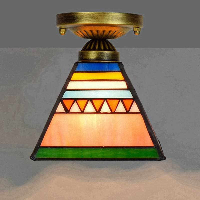 Tiffany Stained Art Glass Semi Flush Mount Ceiling Light - Single-Bulb Shaded Fixture Orange Pink