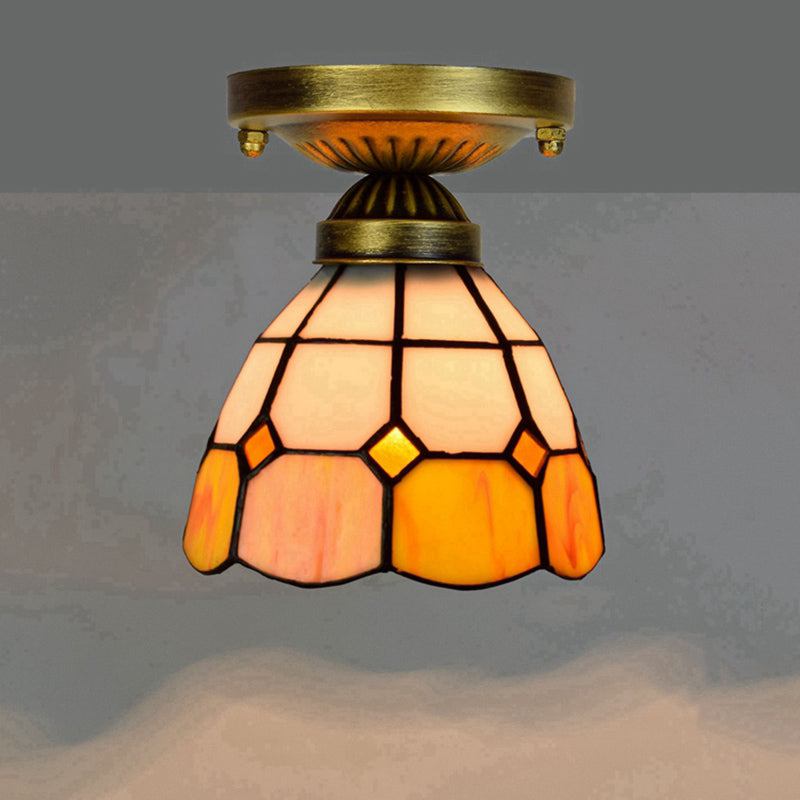 Tiffany Stained Art Glass Semi Flush Mount Ceiling Light - Single-Bulb Shaded Fixture