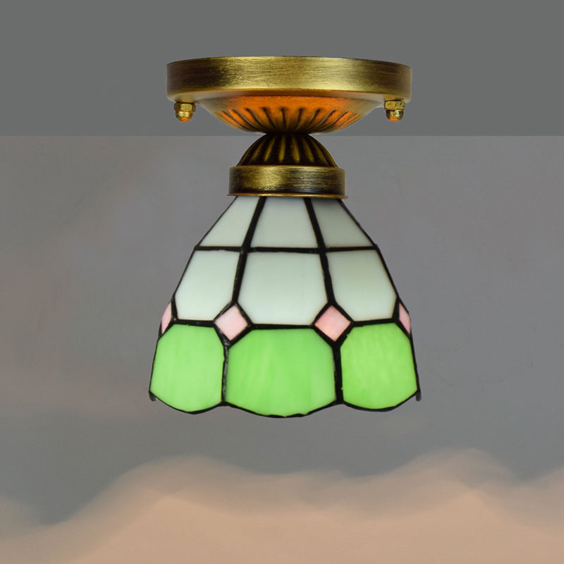 Tiffany Stained Art Glass Semi Flush Mount Ceiling Light - Single-Bulb Shaded Fixture