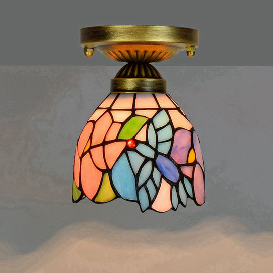 Tiffany Stained Art Glass Semi Flush Mount Ceiling Light - Single-Bulb Shaded Fixture