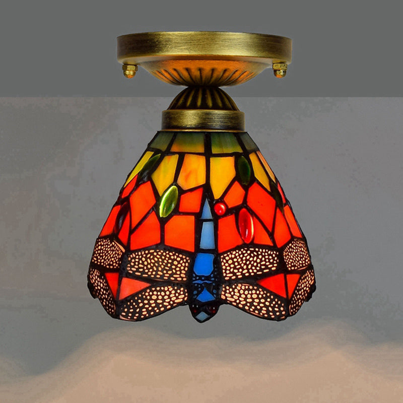 Tiffany Stained Art Glass Semi Flush Mount Ceiling Light - Single-Bulb Shaded Fixture