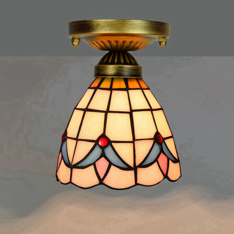 Tiffany Stained Art Glass Semi Flush Mount Ceiling Light - Single-Bulb Shaded Fixture