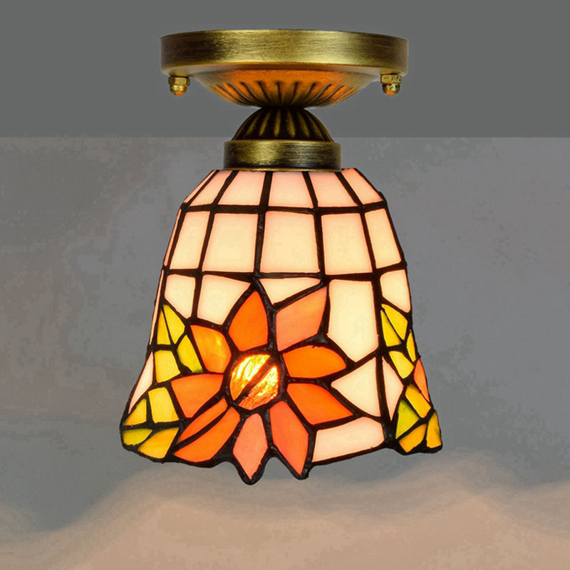 Tiffany Stained Art Glass Semi Flush Mount Ceiling Light - Single-Bulb Shaded Fixture