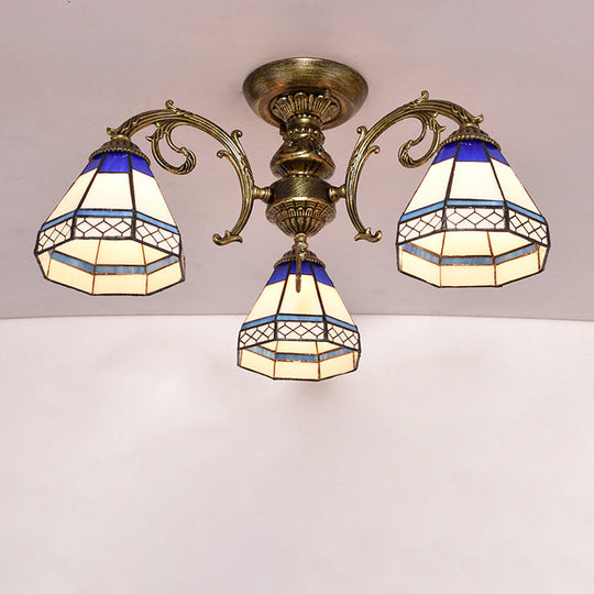 Tiffany Style Stained Glass Ceiling Light Fixture - Blue 3 Heads Bell Shade Semi Flush