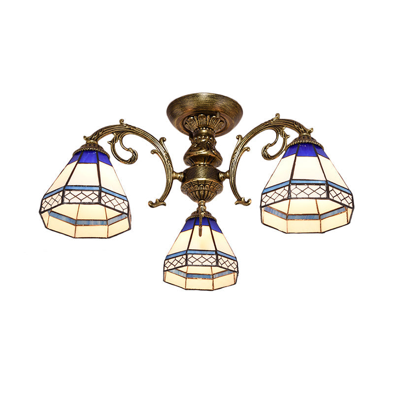 Tiffany Style Ceiling Light - Blue Stained Glass Bell Shade - Semi Flush Mount Fixture with 3 Heads