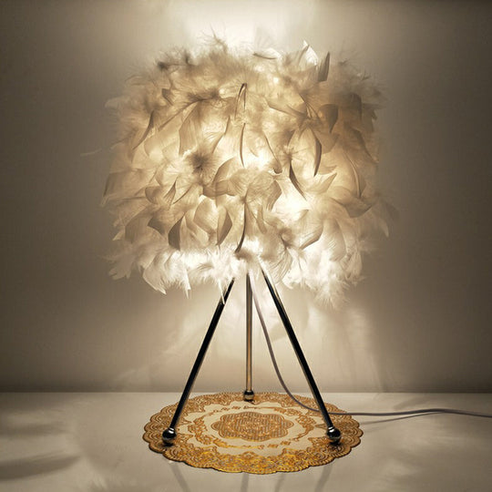 Modern Drum Feather Table Light With Metallic Tripod - White Living Room Nightstand Lighting