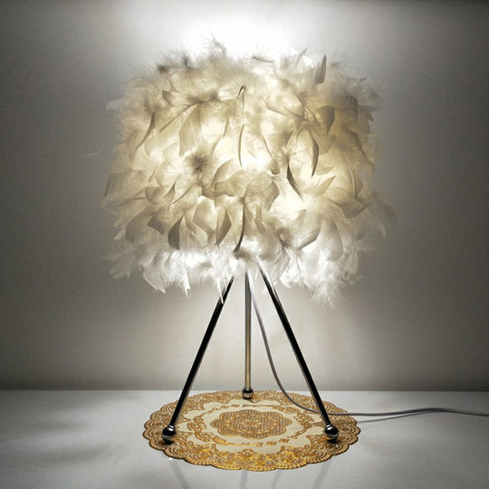 Modern Drum Feather Table Light With Metallic Tripod - White Living Room Nightstand Lighting