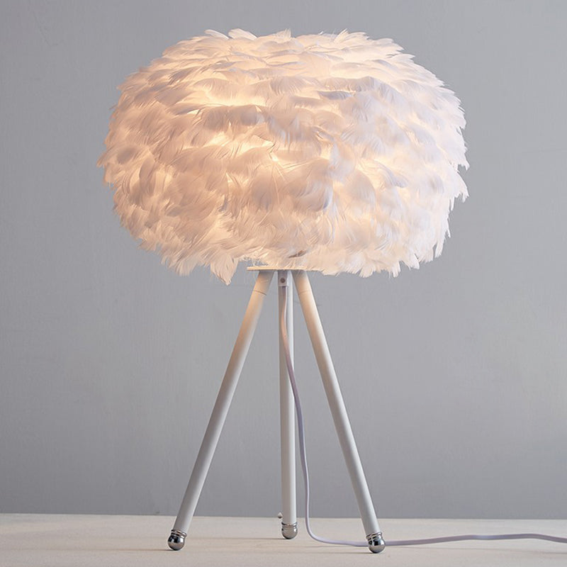 Nordic Feather Sphere Table Lamp With Metallic Tripod - Perfect Nightstand Lighting For Living Room