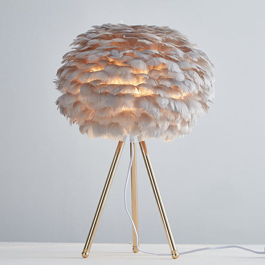 Nordic Feather Sphere Table Lamp With Metallic Tripod - Perfect Nightstand Lighting For Living Room