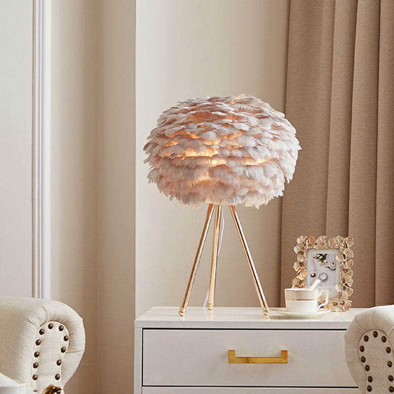 Nordic Feather Sphere Table Lamp With Metallic Tripod - Perfect Nightstand Lighting For Living Room