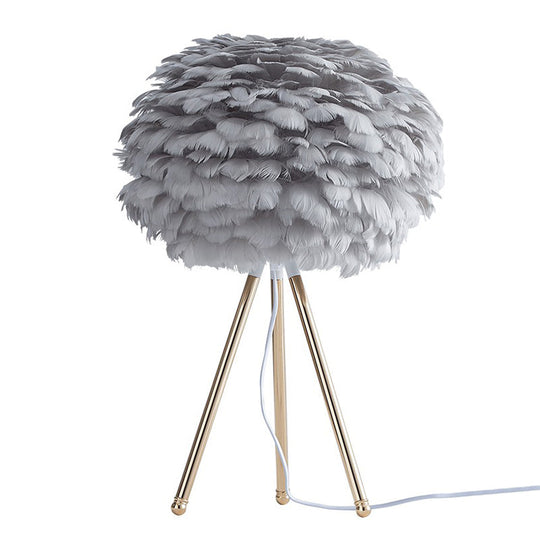 Nordic Feather Sphere Table Lamp With Metallic Tripod - Perfect Nightstand Lighting For Living Room