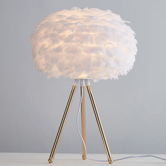 Nordic Feather Sphere Table Lamp With Metallic Tripod - Perfect Nightstand Lighting For Living Room