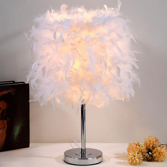 Artistic Feather Cylinder Nightstand Lamp - Nickel Table Lighting For Bedroom