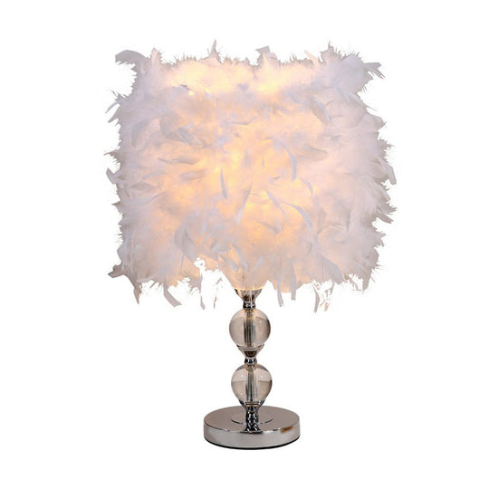 Artistic Feather Cylinder Nightstand Lamp - Nickel Table Lighting For Bedroom