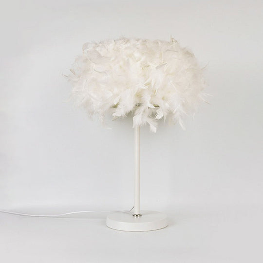 Feathered Round Nightstand Lamp - Single-Bulb Simplicity For Girls Bedside Table