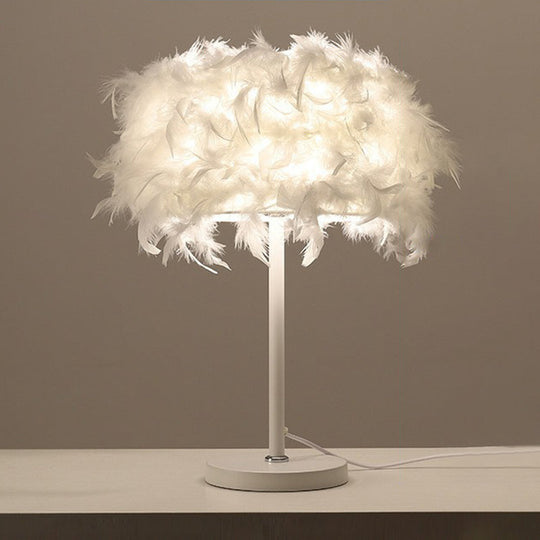 Feathered Round Nightstand Lamp - Single-Bulb Simplicity For Girls Bedside Table