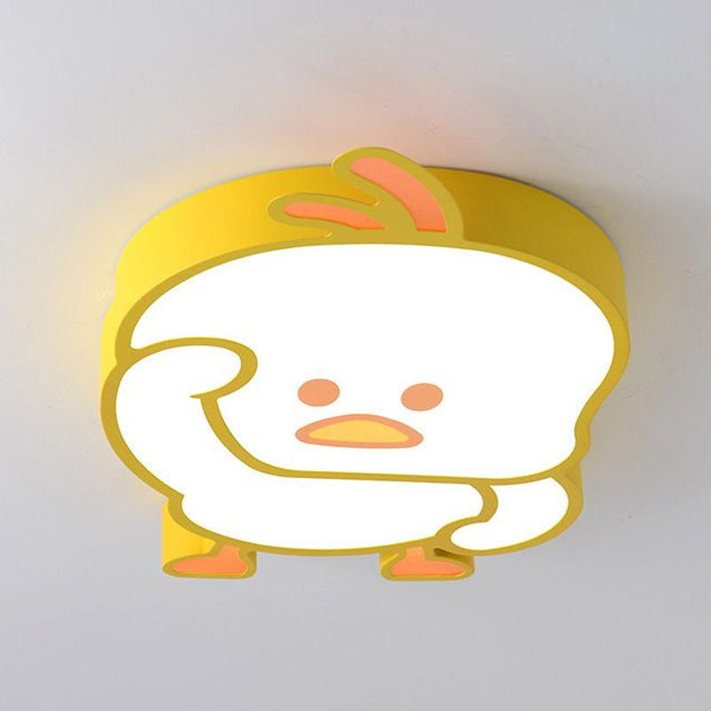 Yellow Duck Led Flush Mount Ceiling Light For Nursery - Cartoon Metallic Design