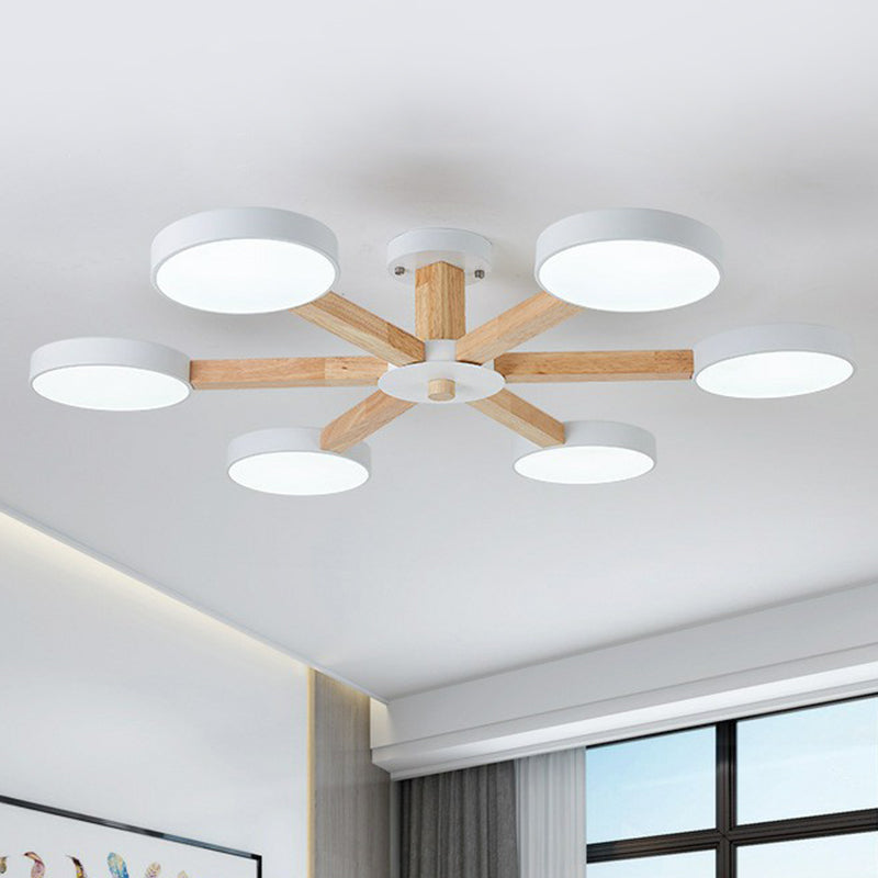 Sleek Wooden Living Room Ceiling Light: 8-Head Macaron Semi Flush Mount with Acrylic Shade